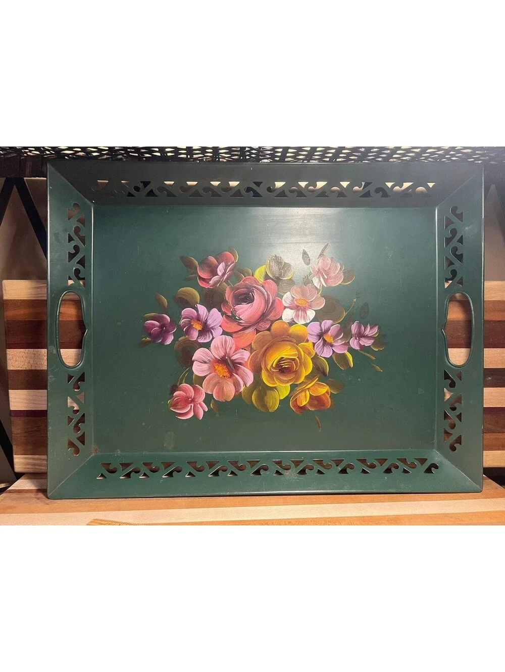 Vintage Hand Painted Floral Metal Serving Tray Mid Century Tea Tray